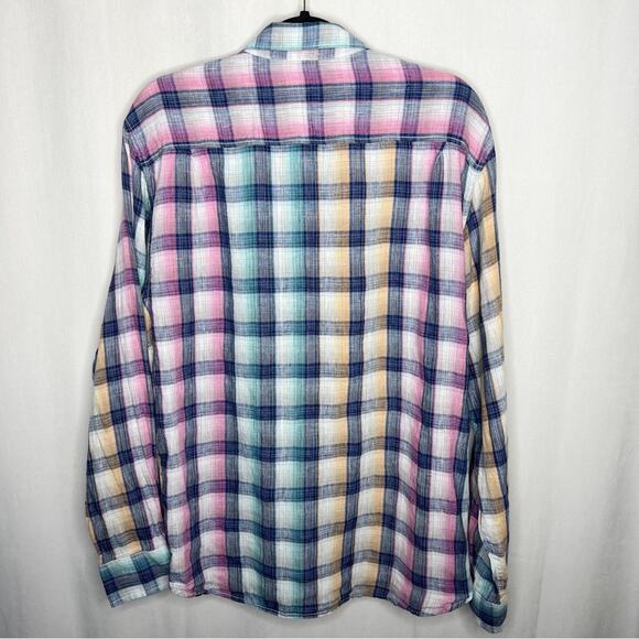TOMMY BAHAMA / Polynesian Plaid Linen Shirt pink white blue plaid button up / M - Picture 2 of 7